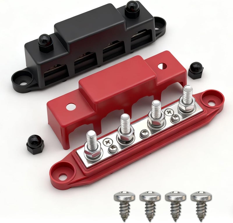 jamgoer Bus Bar 12V 150A Power Distribution Block 4 x 5/16"(M8) Studs Marine Bus Bar Battery Bus Bar with Cover for Marine Car RV Solar Wiring (Pair, Red & Black) - Image 1